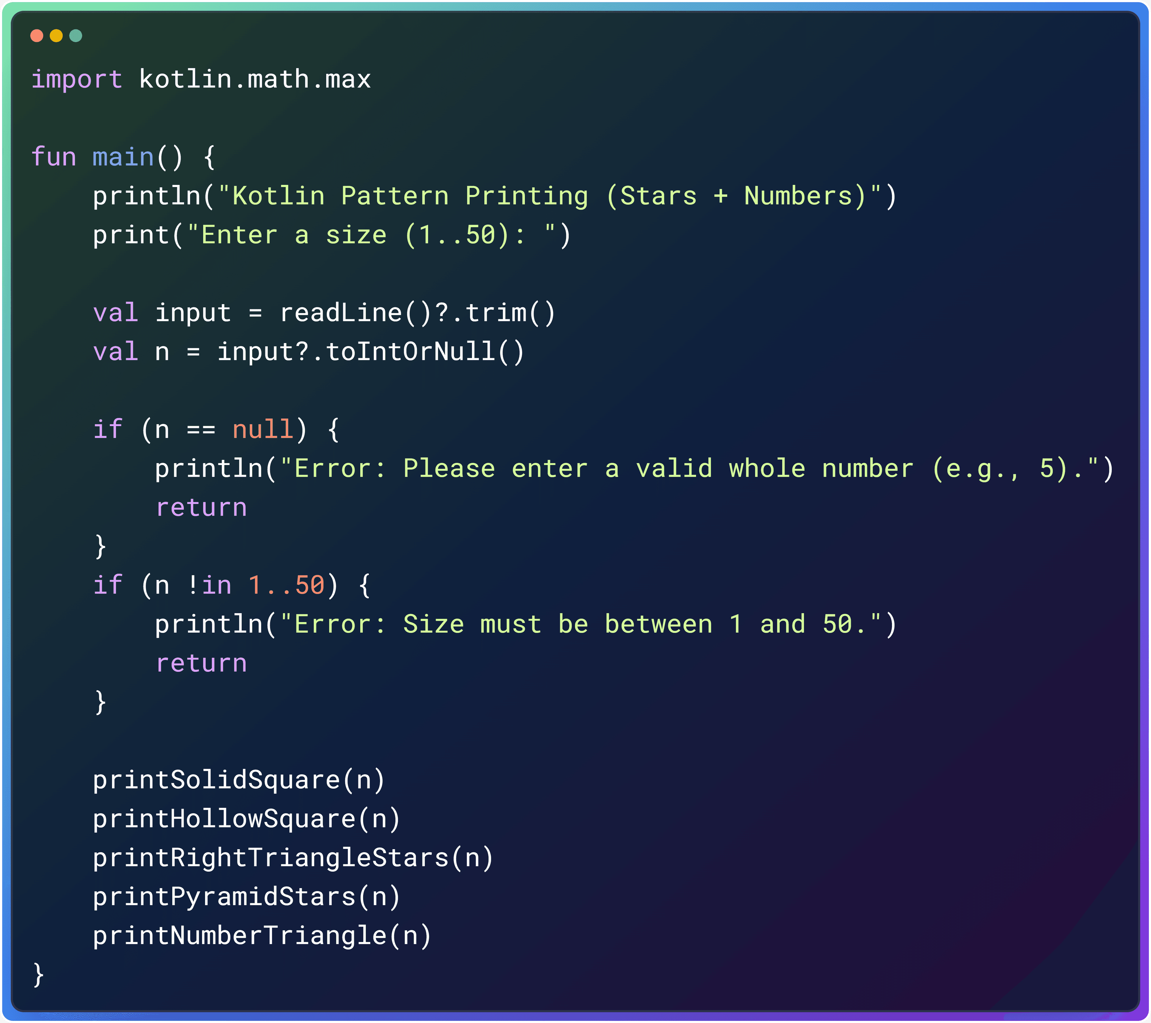 Kotlin Pattern Printing: Stars + Number Triangle (Beginner Friendly)